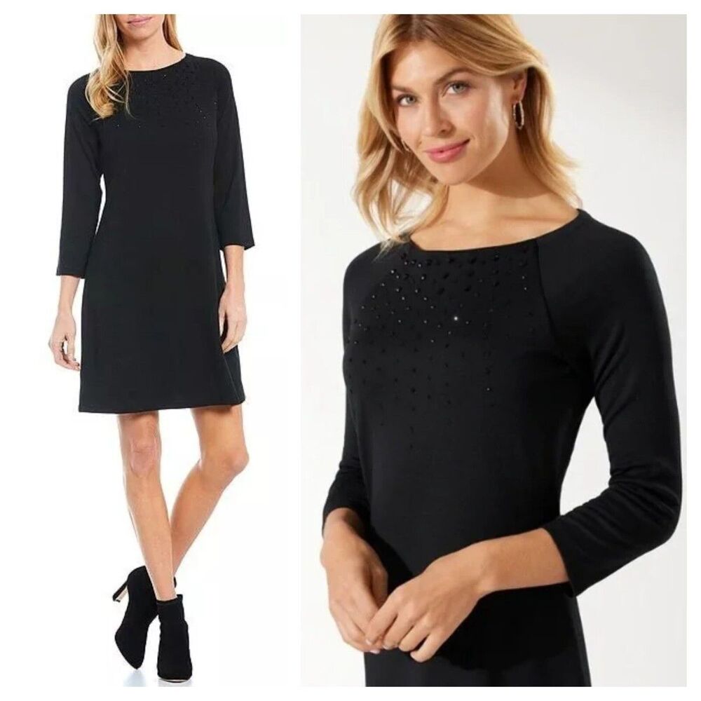 Tommy Bahama Womens Black Drapey Ponte Studded Short Dress Sizes XS Beaded